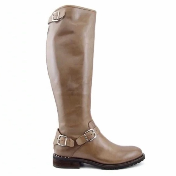 DONALD J PLINER Vive Calfskin Leather Tan Silver Buckle Zipper Tall Boots Sz 8.5 - Picture 1 of 16